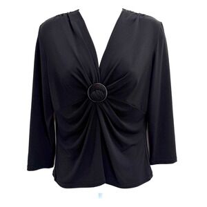 Y2K Studio I Ring Detail V-Neck Blouse Size 10 Gathered 3/4 Sleeve Black Top